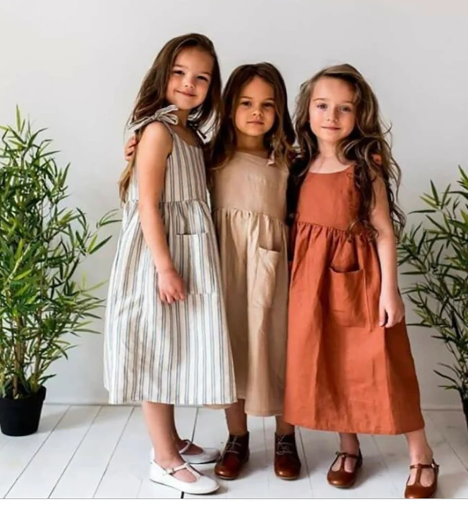 
Beautiful Children Clothes Linen Cotton Baby Girls Dress In Sleeveless 