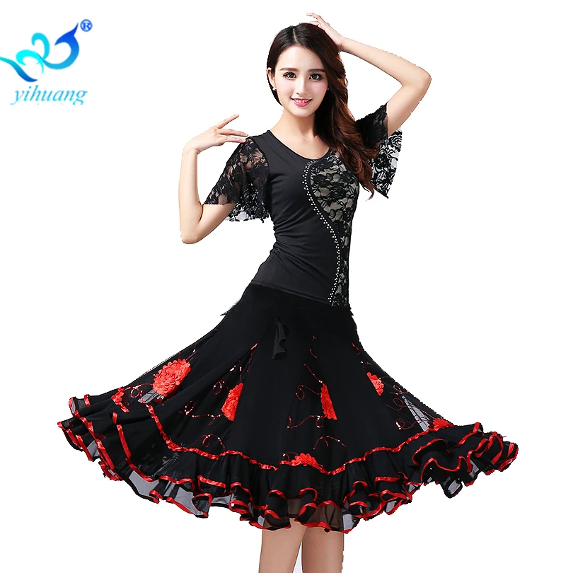 Ballroom Dance Costume Set Waltz Rumba Latin Stage Performance Wear Competition Tops& Skirt Flower Patterns Tango Cha Cha