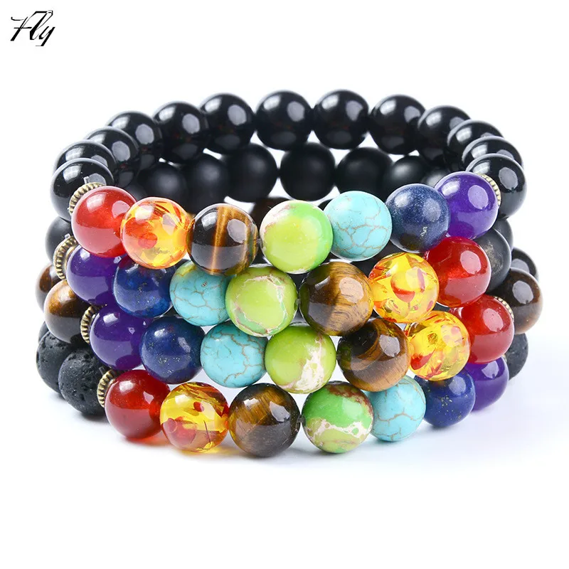 Custom stone bead bracelet wholesale 10mm volcanic stone tiger eye natural stone bead 7 chakra bracelet
