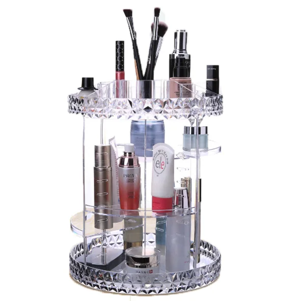 Wholesale diamond surface  PS  cosmetic display rack acrylic 360 rotating makeup organizer