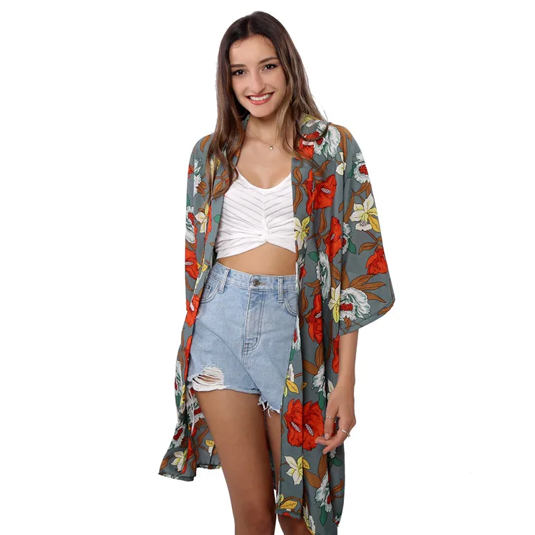 
2019 Fashion women floral long floral kimono cardigan silk robe kimono custom print kimono 