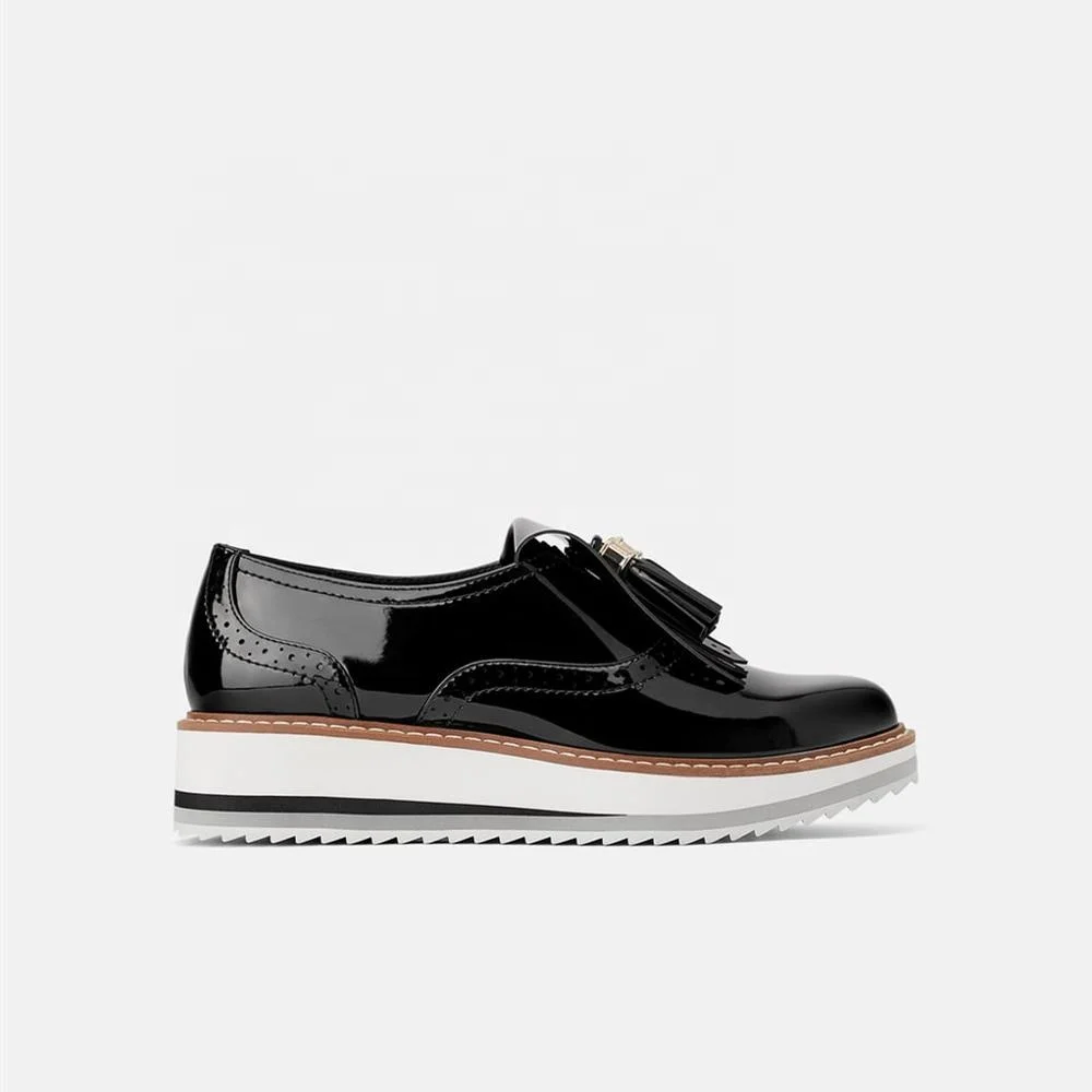 
MANRINO-0245 Black Oxford Style Patent Leather Upper Thick Sports Outsole Tassels Decor Womens Slip In Casual Sneakers 2019 