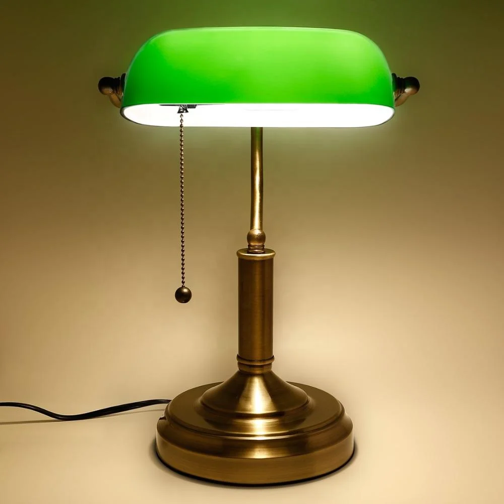 M-1096 Satin Brass Traditional Banker Lamp Antique Style Emerald Green Glass Desk Light