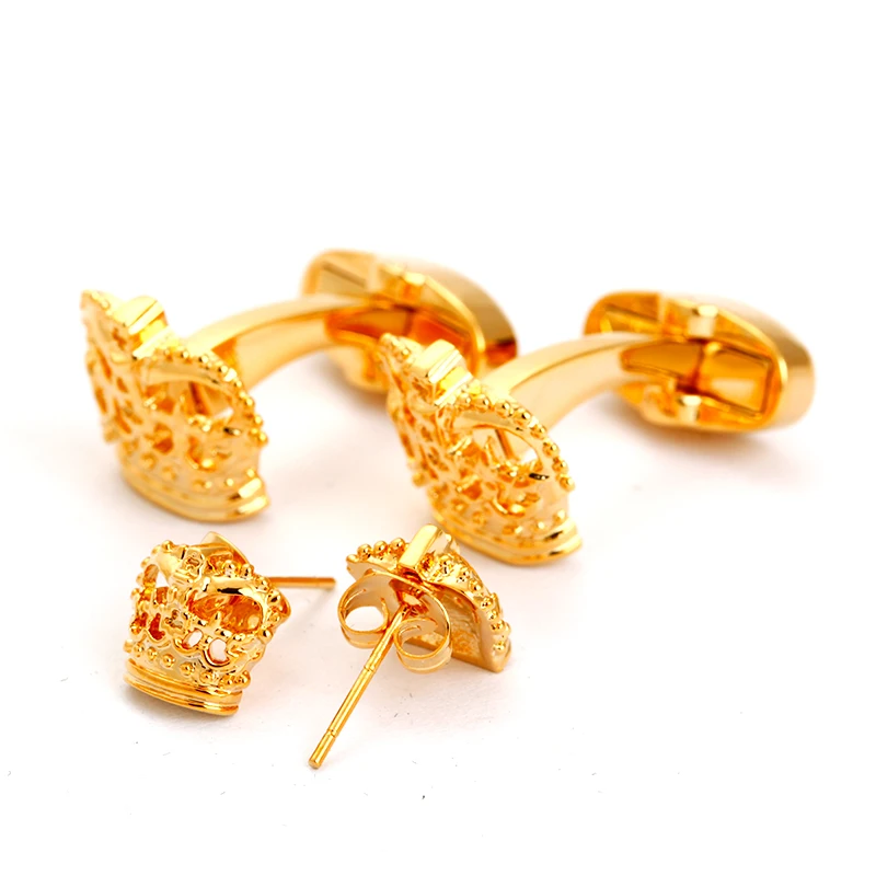 Custom Cufflink Set 18 Gold Crown Cufflinks and Earings
