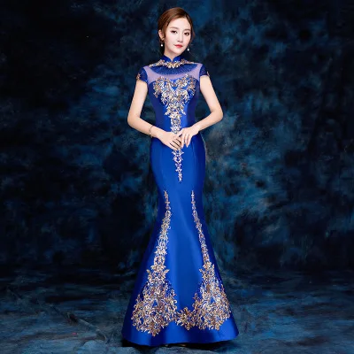 
Chinese Traditional Dress For Women High Neck Cap Sleeves Mermaid evening dress Elegant Embroidered cheongsam 