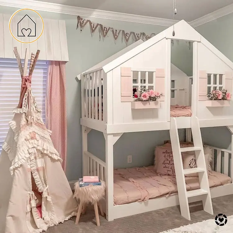 Home decor kids bedroom furniture solid pine wood house shape bunk bed for sale