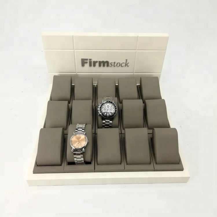 Fashion customized mdf watch shop counter display with grey fine PU leather watch display pillow and custom logo