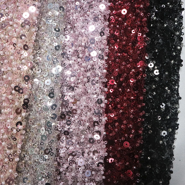 X100 Luxury Black Beaded Sequin Latest Heavy Beaded Embroidery Lace Fabric For Wedding Gown