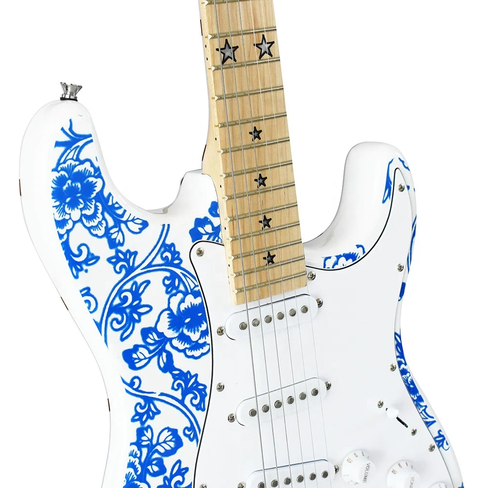 
 Дешевая китайская электрическая гитара, 6 стальных струн, стекол, наклейка на корпус, художественное оформление  