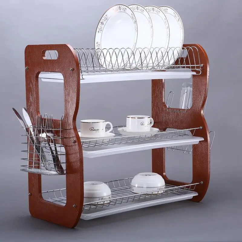 Wooden Kitchen Bowl Plate Organizer Stainless Dish Drying Rack with draier board