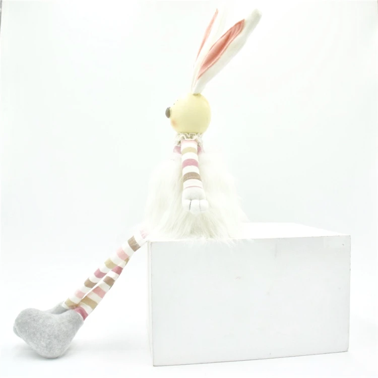 Easter Decoration Gifts Pink Plush Rabbit Figure Shelf Sitter Stripe Fabric Craft Home Decor Couple Bunny With Resin Head
