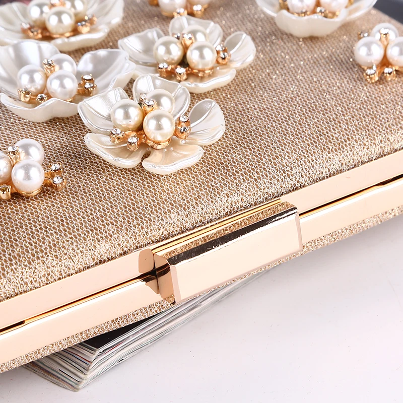 Factory direct wholesale pretty floriation shining fabric wedding party prom champagne ladies clutch bag with good quality