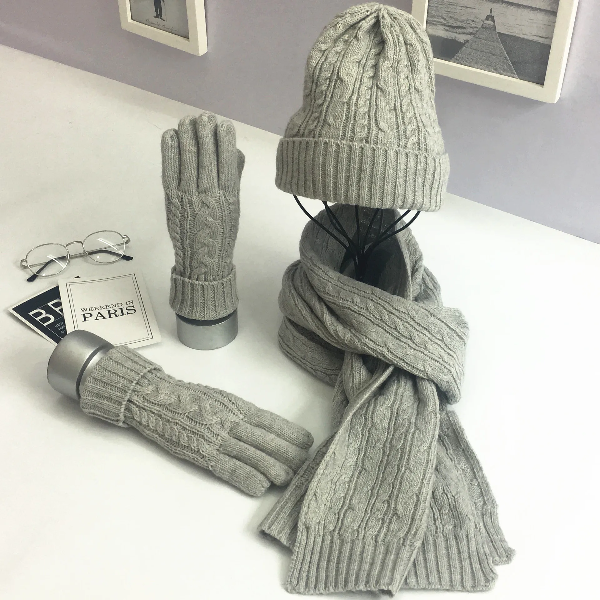 Knit Cashmere Scarf Hat Glove Sets Soft Warm Beanie women scarf hat