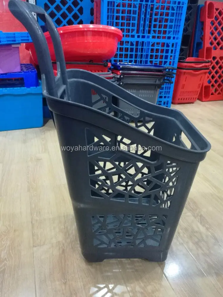 heavy duty supermarket rolling shopping basket with 4 wheels