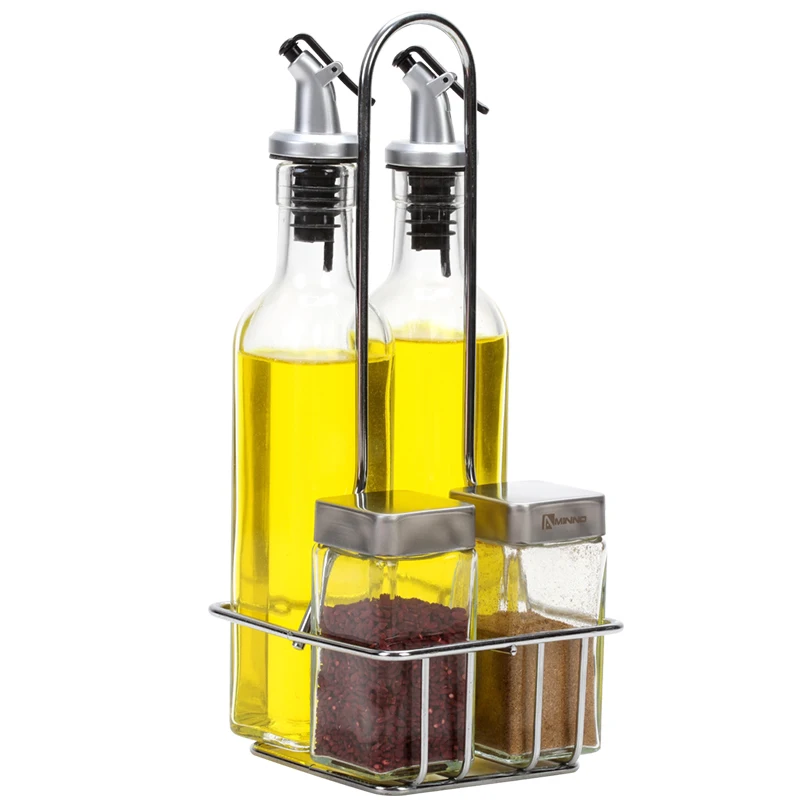 5pcs Glass Cruet Set Glass Salt Pepper Shaker Condiments Bottle Spice Jar Set With Holder