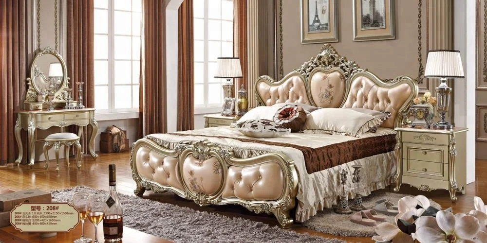 Classical style hand made carving champagne silver luxury king size bedroom furniture set