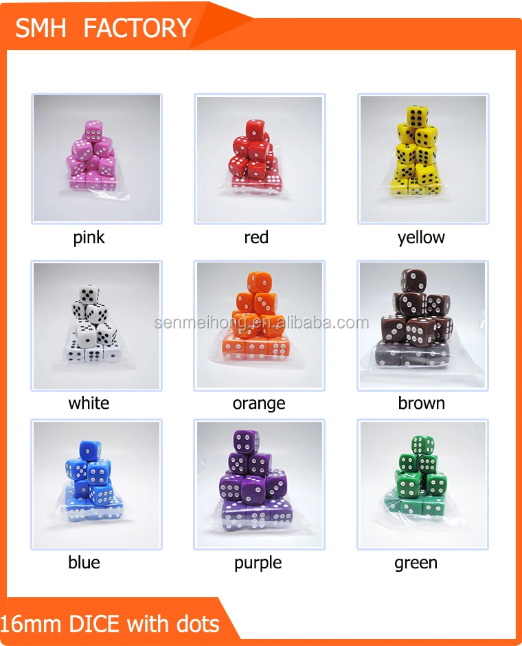 White Color Plastic Standard 16mm 6 sided Rounded Corner Dot Dice for Board Game