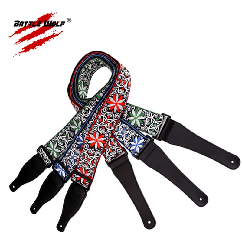 Wholesale Woven Jacquard Weave Different Style Wear Resisting Real Leather Ends Strap for Guitar Strap