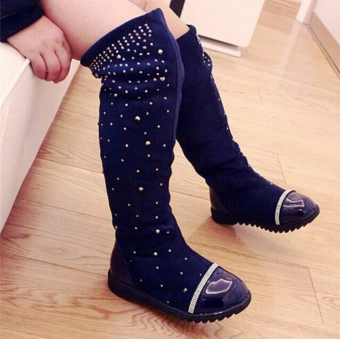 Fashion Children Motorcycle boots Autumn Winter Girls shoes Over the Knee boots PU Crystal Kids High