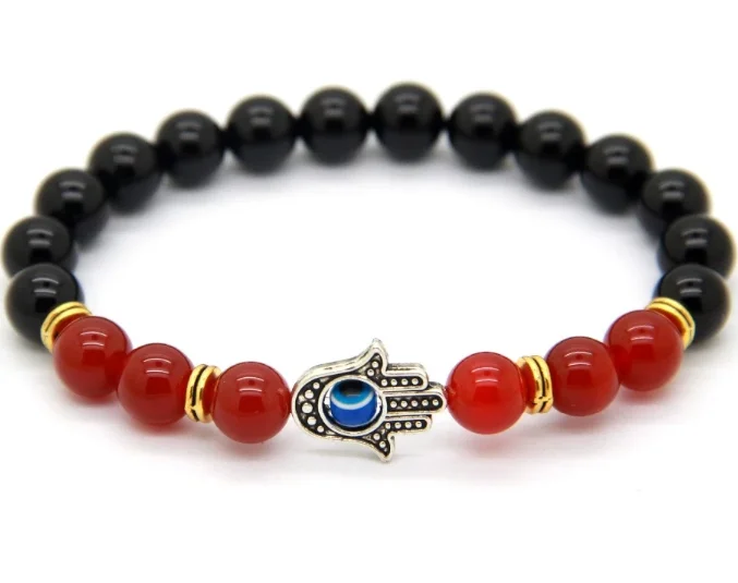 
Fashion Hand Charm Bracelet With Black red Agate Beads Mala Beaded Bracelet Jewelry 