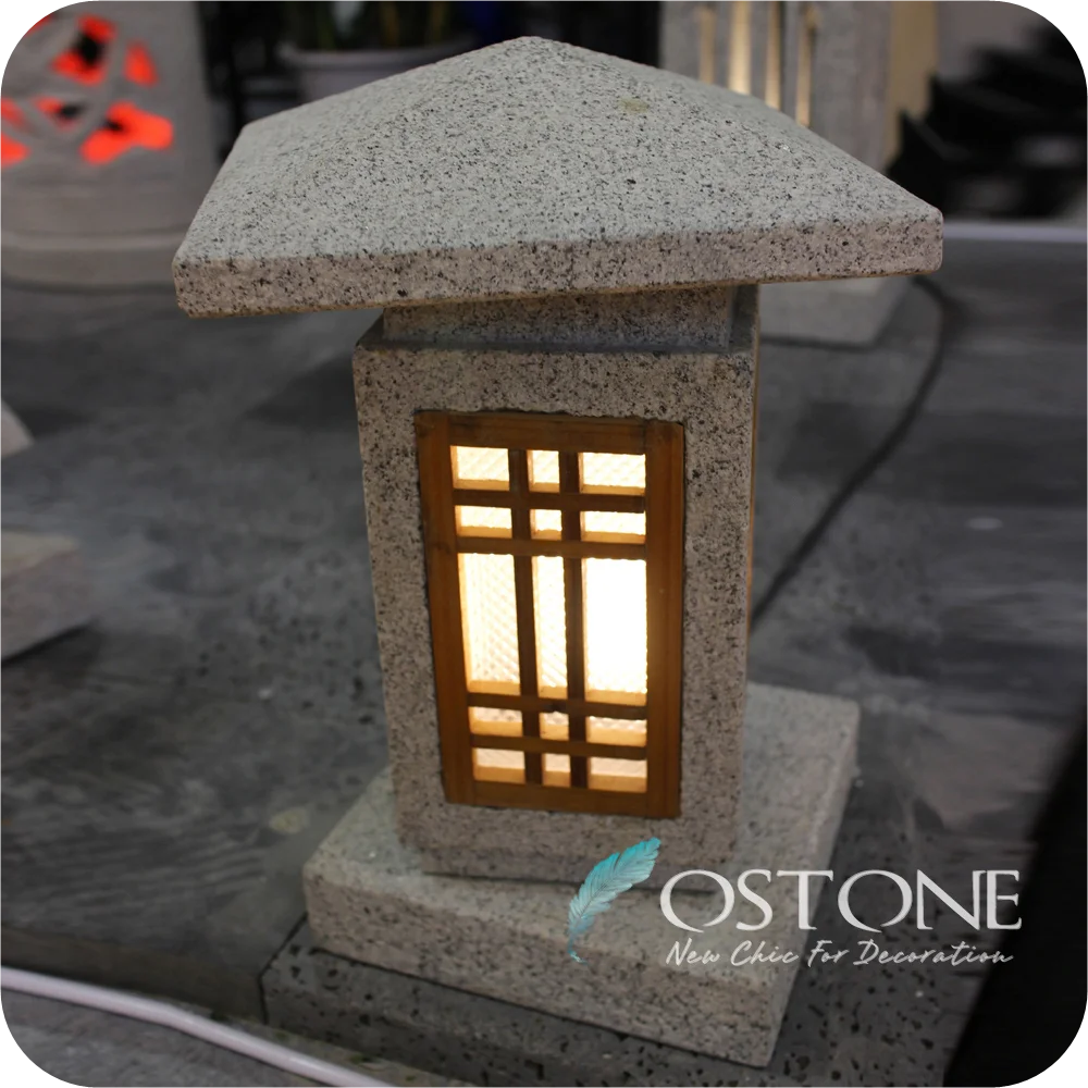 Oriental Outdoor Japanese Solar Led Carved Granite Antique Lantern