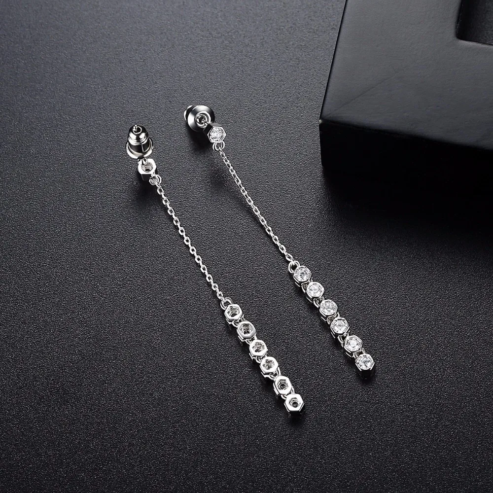 LUOTEEMI Women Silver Color Classic 7pcs Round Cut Cubic Zirconia Statement Link Chain Drop Earrings For Female Dangle Earrings