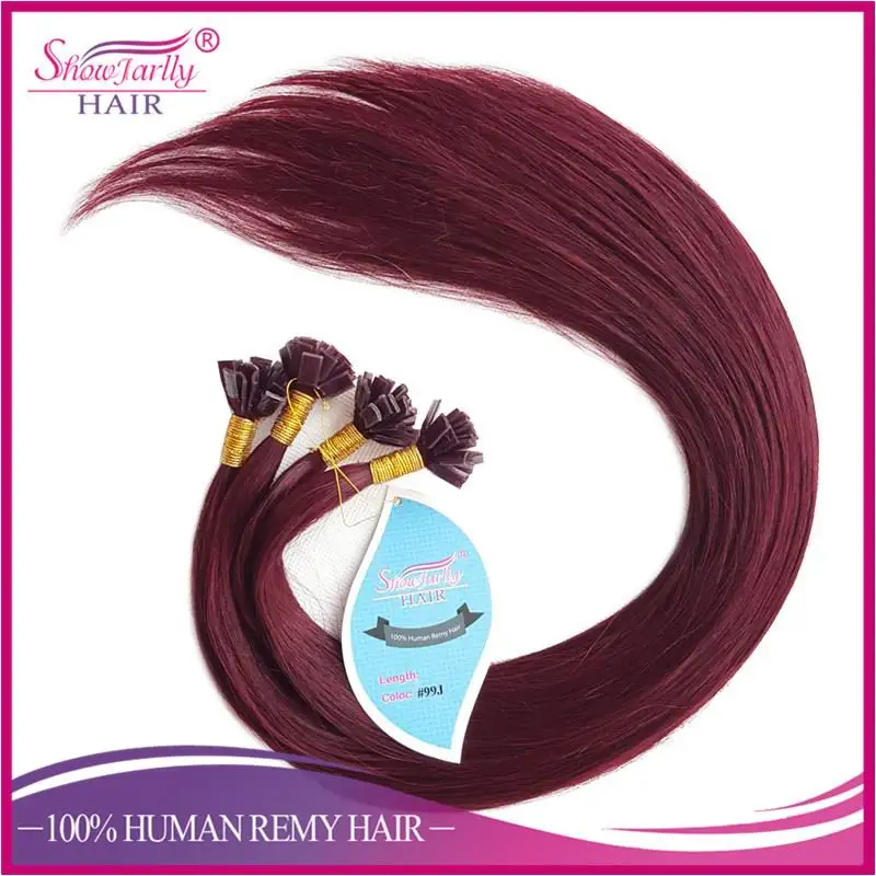 
Keratin hair extension russian human hair red plum wine color prebonded flat tip hair extensions 