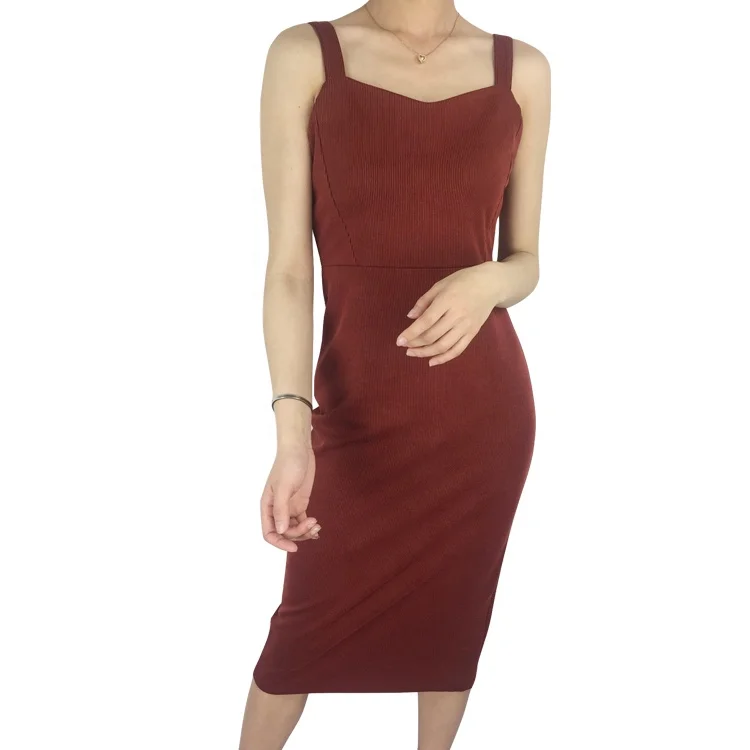 
jacquard spaghetti strap back zipper rust red split long dress 