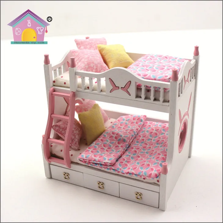 New diy miniature wooden pink doll bed furniture for children,dollhouse miniature bed wholesale