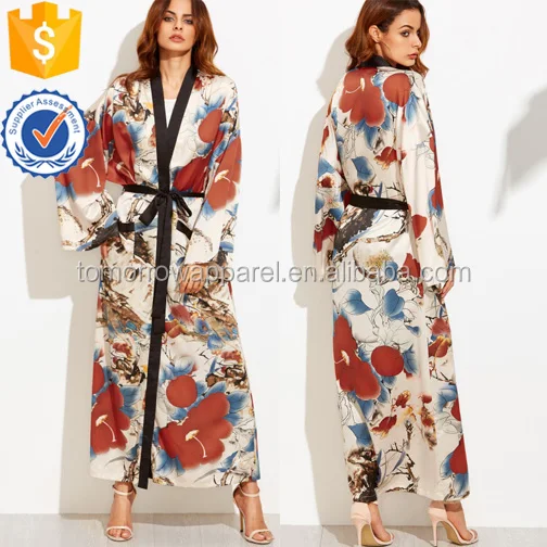 Calico Print Contrast Trim Belted Maxi Kimono Manufacture Wholesale Fashion Women Apparel (TA3006K)