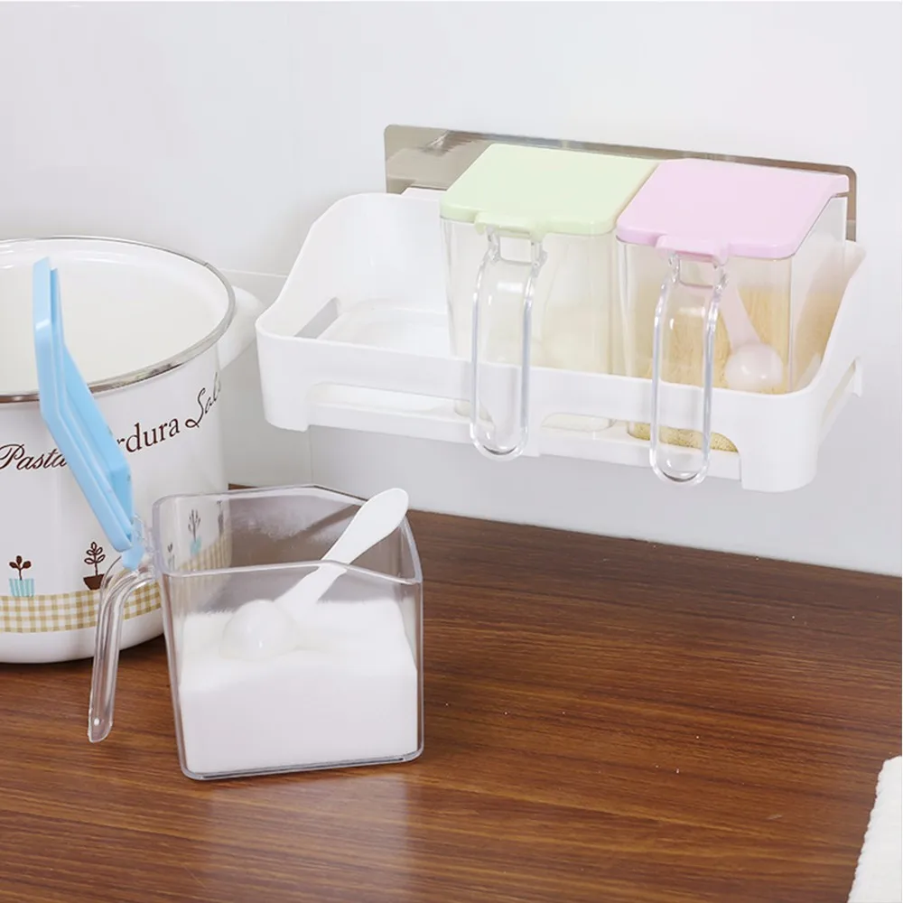 Taizhou Shuangqing Factory wall mount seasoning container plastic seasoning storage box condiment box set with spoon