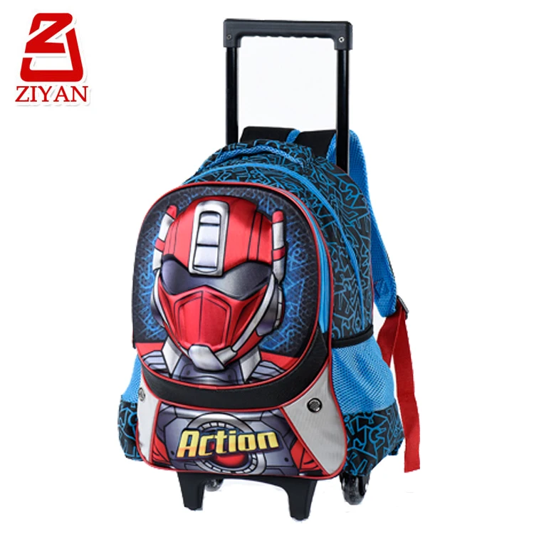Hot sale 2 glitter wheels children rolling school backpack for boys, cool 3D cartoon action robot kids school bags with trolley