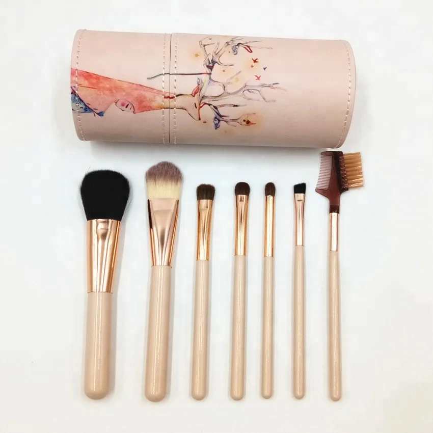Deer Cosmetic Makeup Brush Kit 7PCS Leather Barrel Set