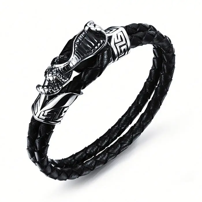 Wholesale Punk Style Men Double Braided Black Leather Snake Head Bracelet