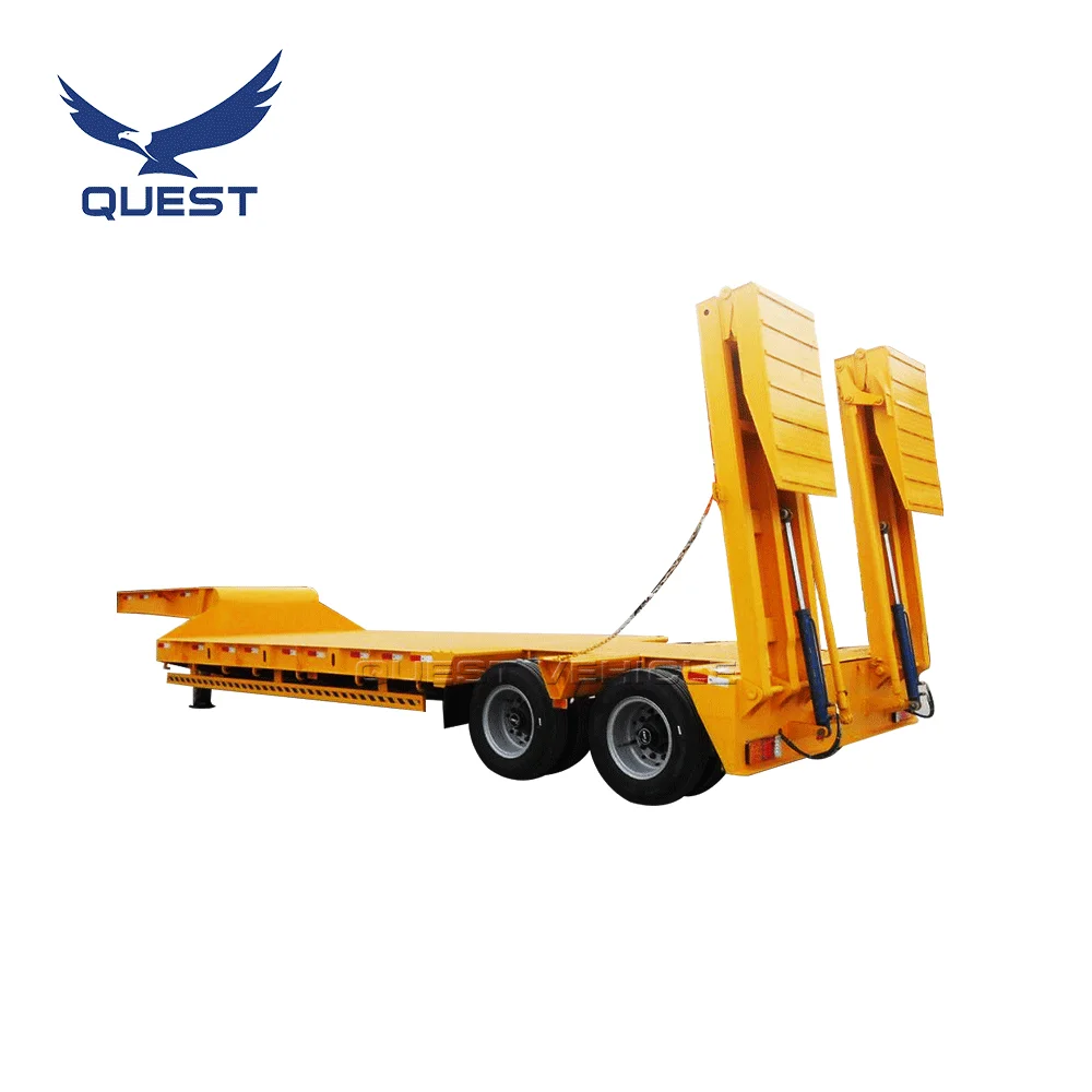 QUEST 2 Axles Hydraulic Ramp Low Bed Trailer 40T Tyre Exposed Lowbed Semi Truck Trailer For Sale