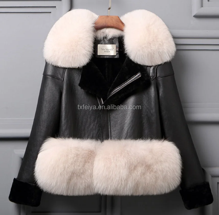 2017 Winter Fox Fur Trim Coat For Women Sheepskin Double faced Leather Jacket