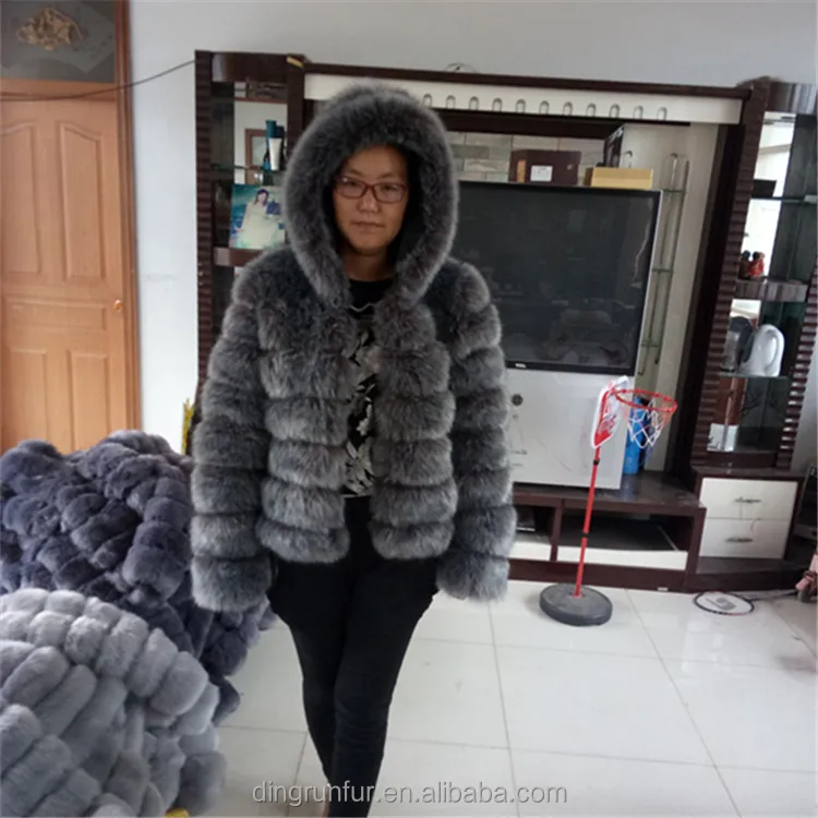 High Quality Artificial Faux Fox Fur Coat Fake Fur Jacket with hood