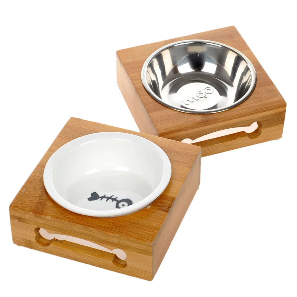 Pet Food Bowl Cat shape Wooden Stand Bamboo Stand With Ceramic Bowl for Small Animal Puppy and Cat