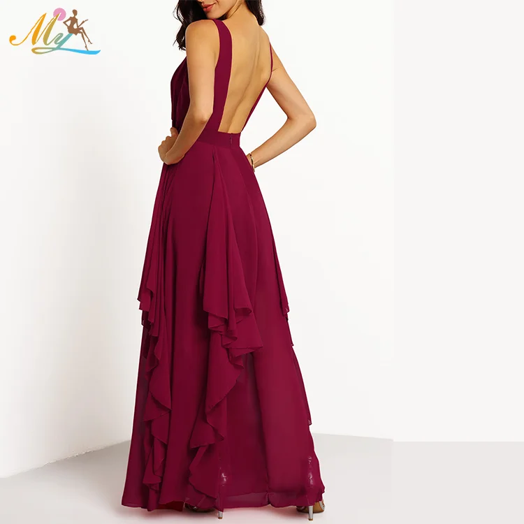 Summer sexy backless V-Neckline Ruffle Chiffon long evening party Dress for women