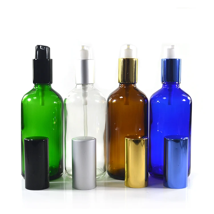 5ml 10ml 15ml 20ml 30ml 50ml 60ml 100ml 120ml clear amber green blue glass cosmetic bottle with lotion pump cap wholesales
