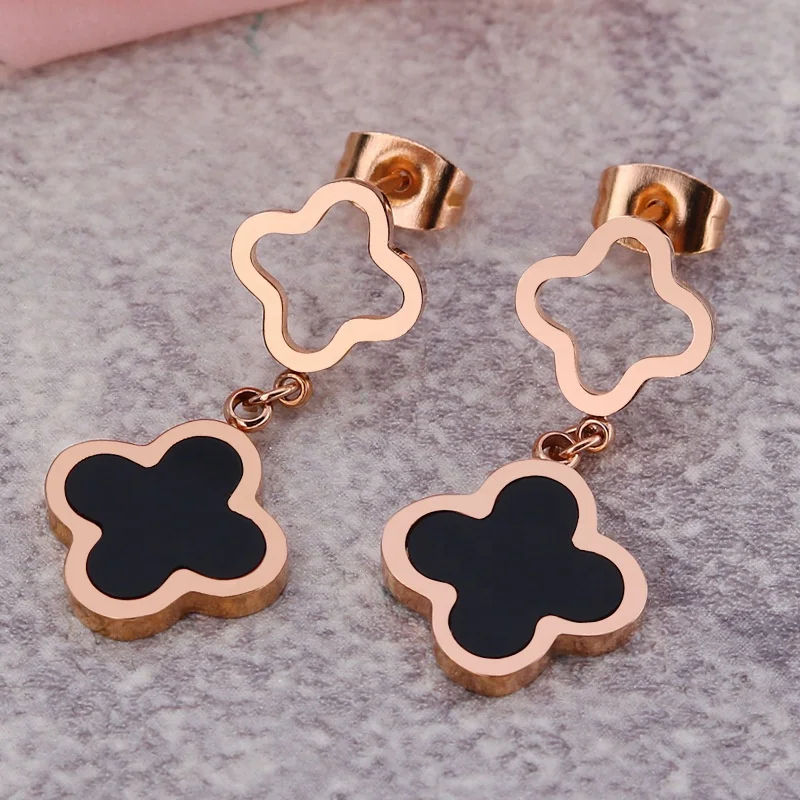 Hot selling Classic Design Rose Gold Stainless Steel Stud Four-Leaf  Clover lovely stud  Earrings For Women