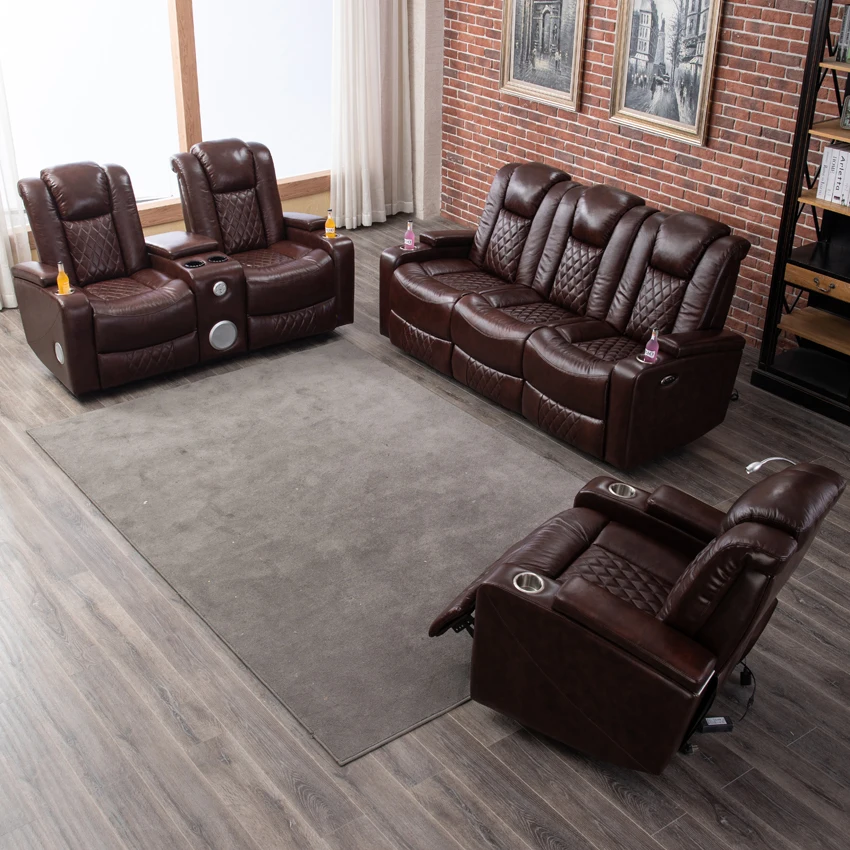 Luxury Genuine Leather Multifunctional Recliner Sofa Set with Cooling Cup Holder for Living Room
