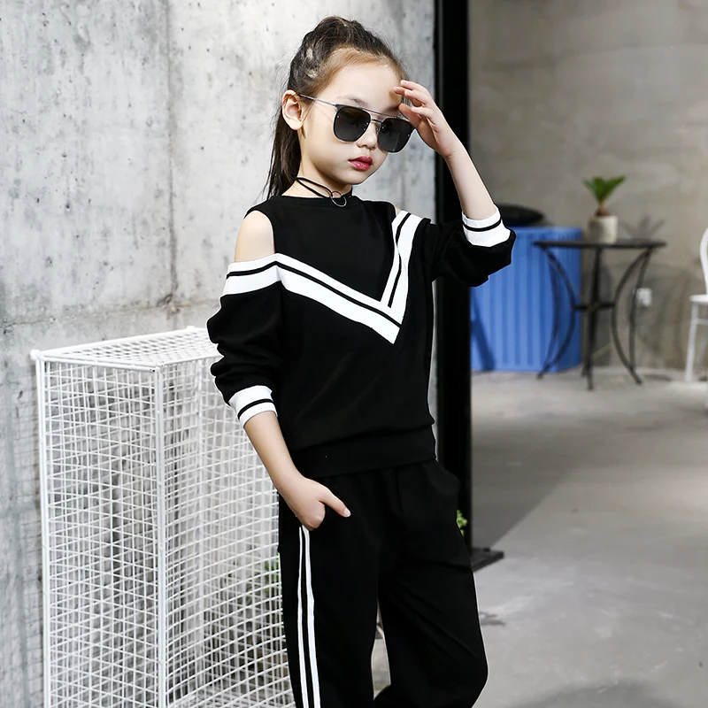 Футболка и штаны из хлопчатобумажной ткани для девочек, комплект одежды из 2 предметов, детский спортивный костюм