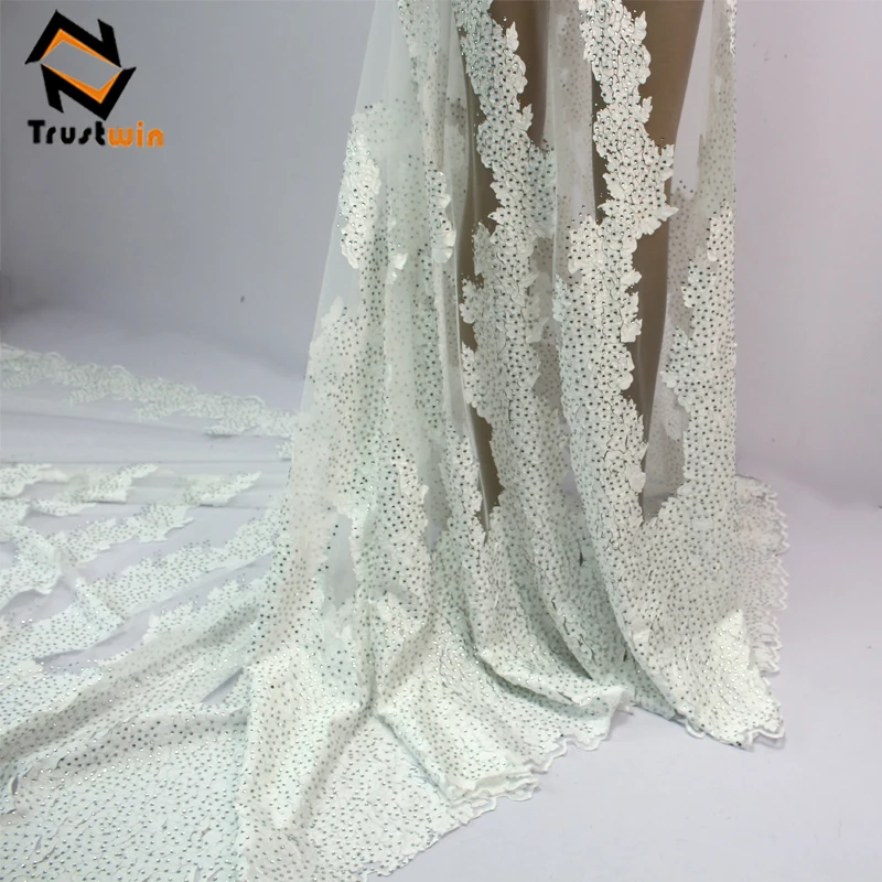 Bridal wedding material white lace with stones tulle fabric 3d lace