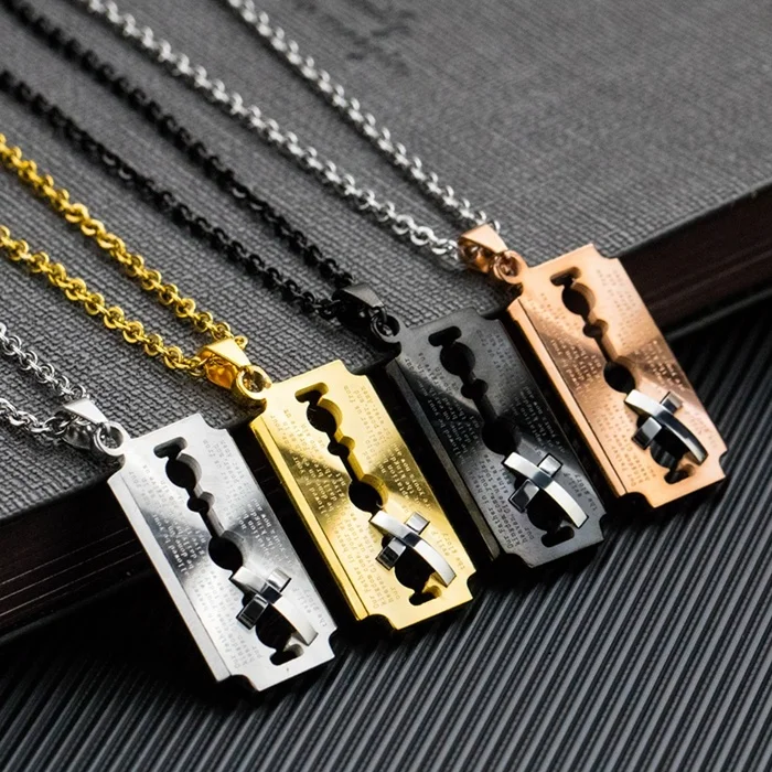 MECYLIFE 2019 Fashion Design Razor Shaver Barber Jewelry Stainless Steel Engraved Cross Pendant Necklace