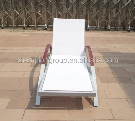 swimming pool sun lounger chair with mesh fabric and wooden arm