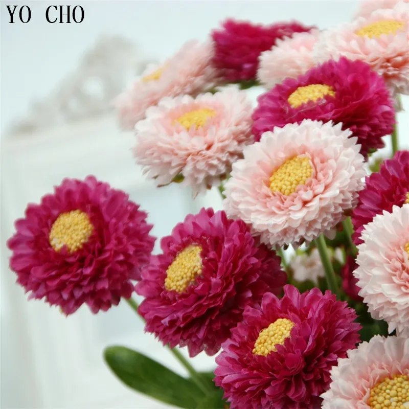 
YO CHO Party Home decoration mini silk artificial flower green leaves Long stem decorative chrysanthemum silk artificial flowers 