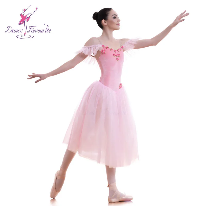 Pink romantic long ballet dance tutu velvet leotard bodice with long soft tulle tutu skirt 18582