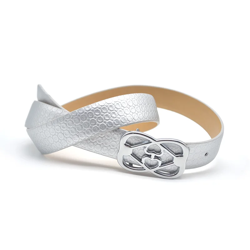 Carosung Wholesale 25mm Custom Pattern Designers Metal Plate Buckle Silver PU Vegan Leather Dress Belts Women Fashion Belt