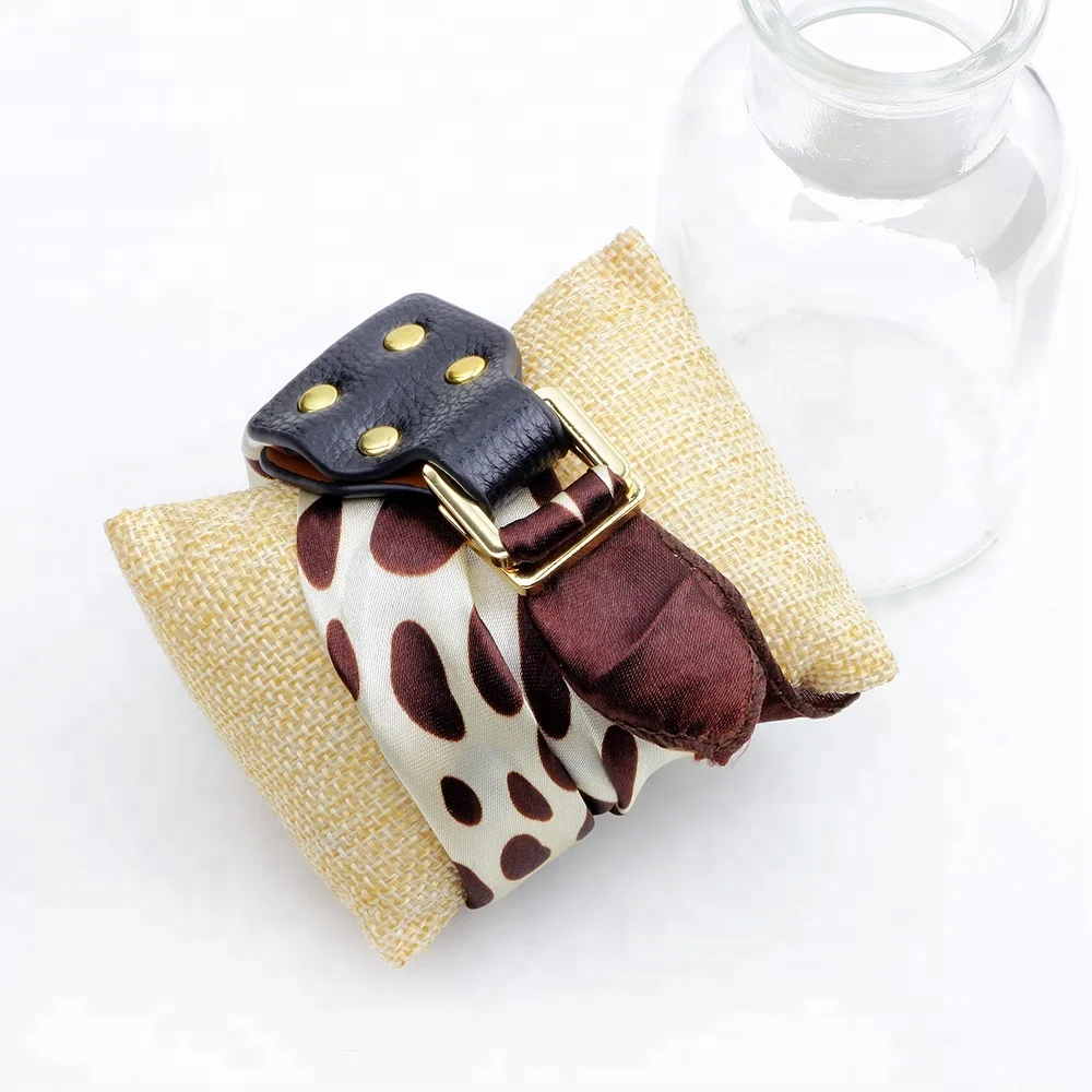 Womens fashon silk fabric scarf wrapped wristband leather buckled bracelet